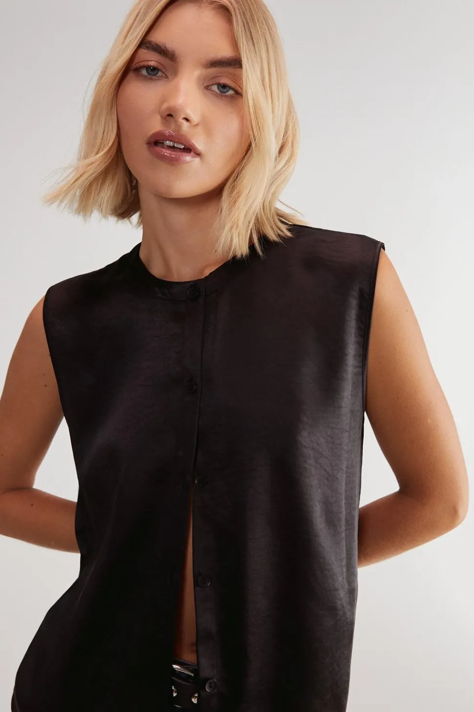 Textured Satin Button Through Collarless Vest | Nasty Gal
