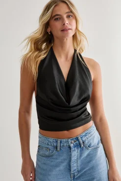 Textured Satin Halter Neck Cowl Tie Back Top | Nasty Gal