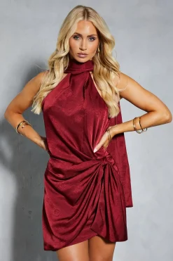 Textured Satin Scarf Detail Ruched Wrap Mini Dress | Nasty Gal