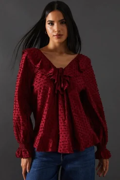 Tufted Dobby Ruffle Neck Tie Front Blouse | Nasty Gal