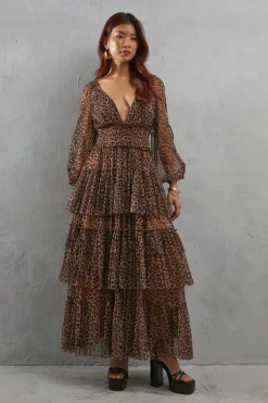 Tulle Leopard Print Plunge Neck Long Sleeve Tier Maxi Dress | Nasty Gal