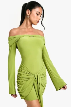 Twist Detail Off Shoulder Flare Long Sleeve Mini Dress | Nasty Gal