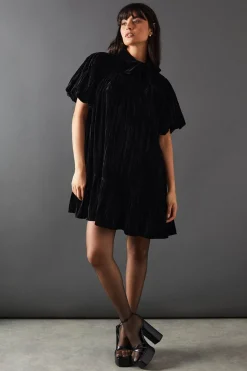 Velvet Crinkle Tie Neck Puff Sleeve Tier Hem Mini Dress | Nasty Gal
