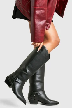 Wide Fit Western Style Harness Detail Knee High Boots | Nasty Gal