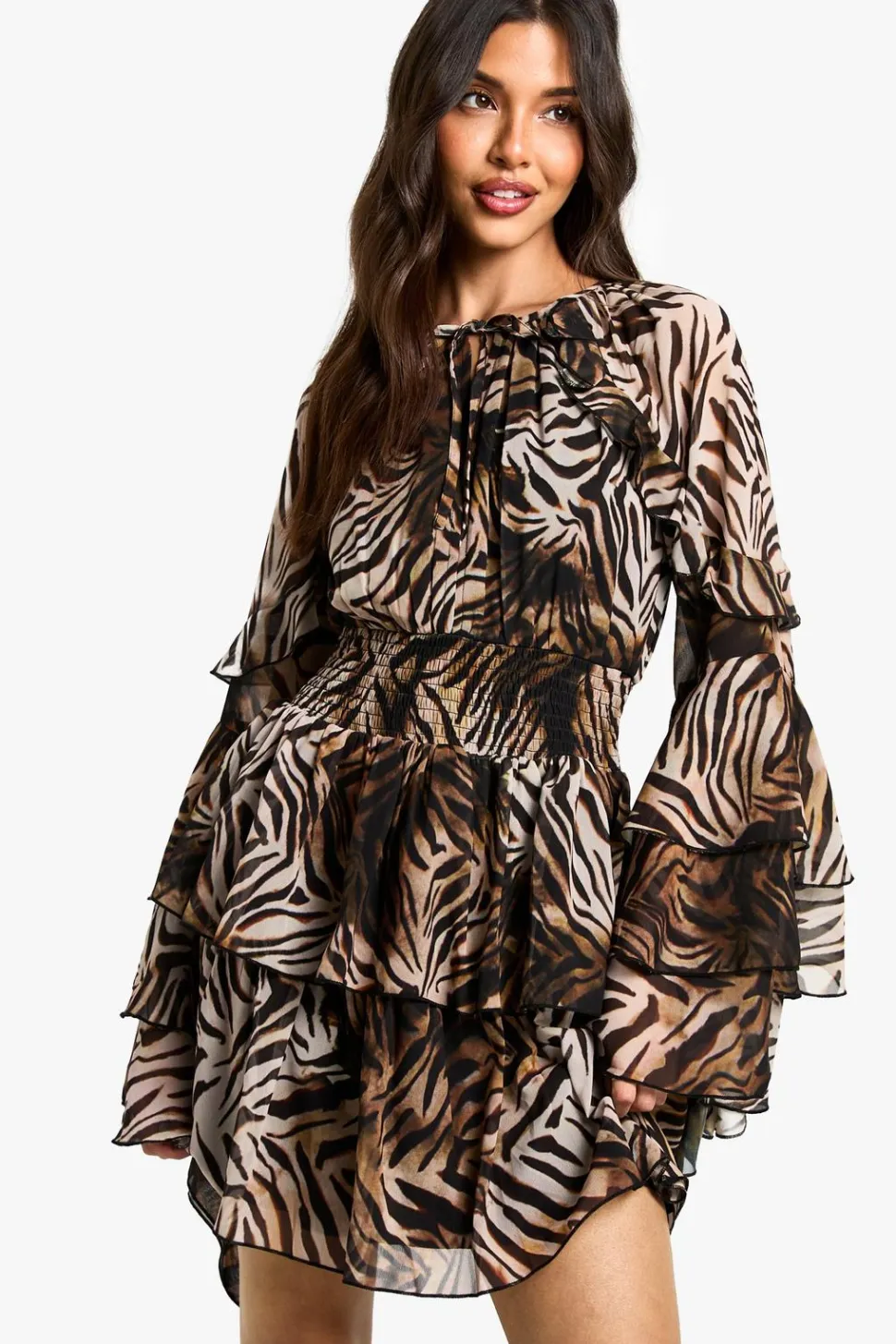 Zebra Printed Chiffon Long Sleeve Ruffle Mini Dress | Nasty Gal