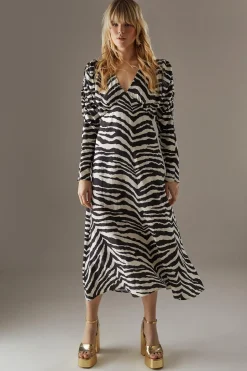 Zebra Viscose V Neck Long Puff Sleeve Midi Dress | Nasty Gal